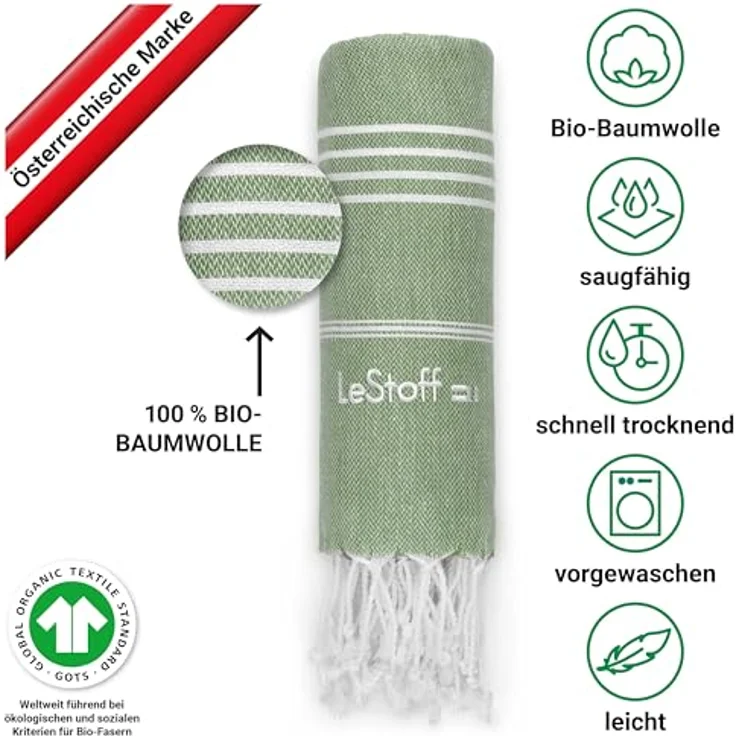 LeStoff Premium Hamamtuch XXL 200 x 200 cm – 100% Bio-Baumwolle, schnelltrocknend, saugfähig, nachhaltig, Olivgrün – Bild 3
