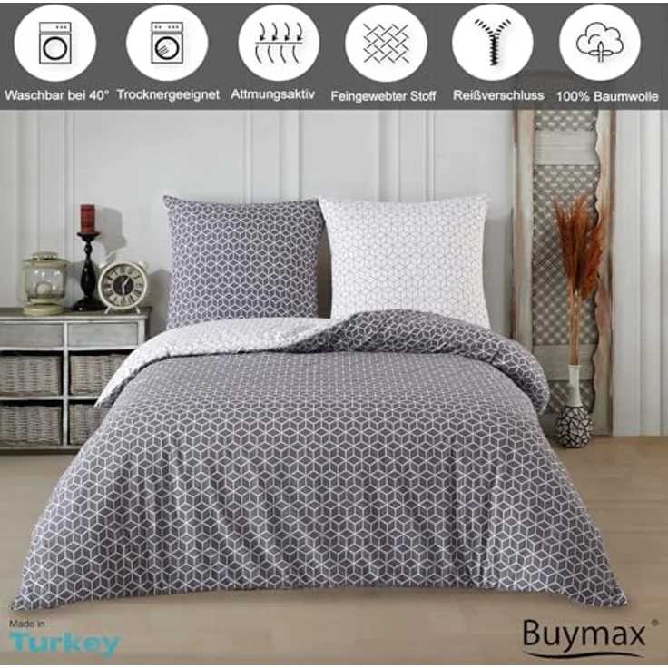 Buymax Bettwäsche Bettbezug Set Sillage 100% Baumwolle, Renforce: 100% Baumwolle, 3 teilig, mit Reißverschluss, modern gestreift, Grau Weiß, 200x220 cm – Bild 3