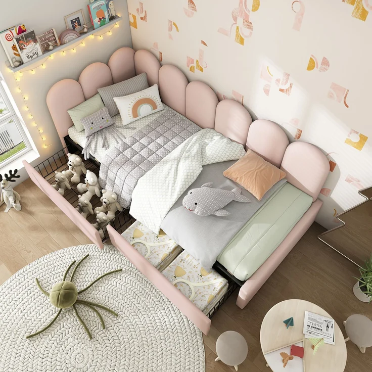 Tagesbett 90x200 cm Rosa Samt mit 2 Schubladen, Schlafsofa mit Stauraum, Polsterbett für Kinderzimmer & Gästezimmer – Bild 4