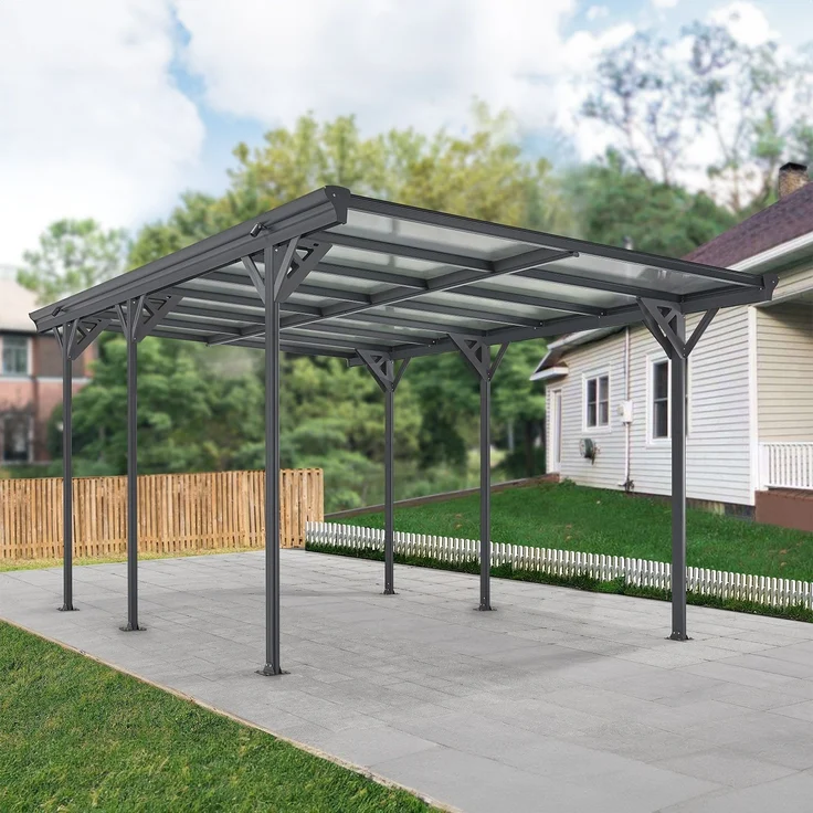 Juskys Carport mit Flachdach 5x3 m - Überdachung aus Aluminium mit Doppelstegplatten - Unterstand für Autos - freistehende Montage - Dunkelgrau – Bild 2
