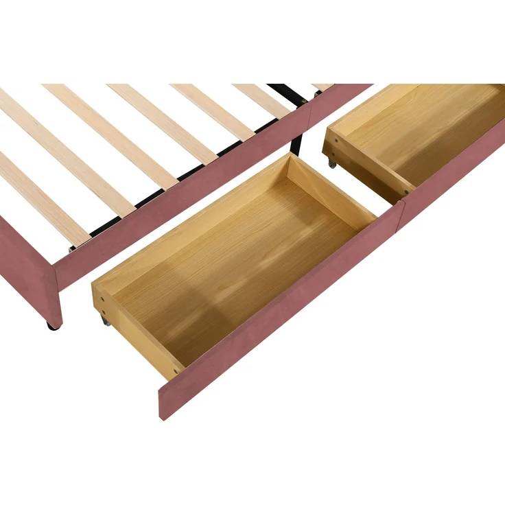 Polsterbett Kinderbett 90x200 cm, Bettrahmen mit geblümtem Kopfteil und Lattenrost, mit 2 Ablagefächern, Mädchenbett-Gästebett aus hautfreundlichem Samtstoff, Rosa – Bild 9