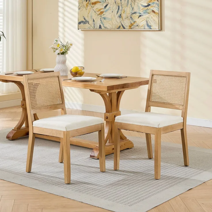 2er-Set Rattan-Esszimmerstühle, Landhausküchenstühle mit Rohrgeflecht-Rückenlehne, Mid-Century-Modern-Stühle mit Naturholzrahmen, weiche Schaumstoff- und S-Federkissen für die Küche, Beige, CA2883BG – Beige – 56 x 48 x 86,5 cm – YOUDENOVA