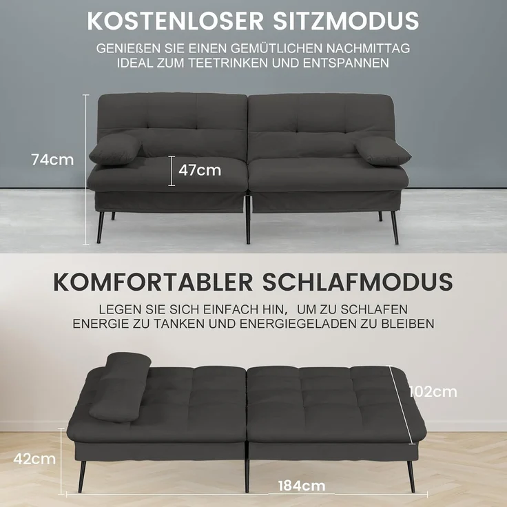 COMHOMA Sofa Schlafsofa mit Schlaffunktion, überzug Futon Klappsofa, Bettcouch, ecksofa, Couch Gästebett, 3-Sitzer Sofa, mit verstellbare Rückenlehne aus Stoff Schwarz – Bild 6