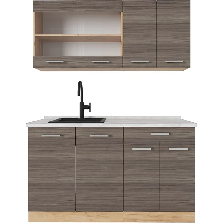 Singleküche R-Line Edelgrau/Goldkraft Eiche 140 cm , AP Marmor Vicco – Bild 1