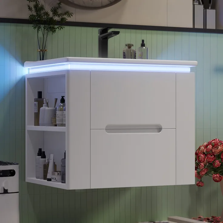 Flieks Waschtisch 61×46×48.5 cm, Wandhängender Badezimmerschrank mit LED, 2 Schubladen, seitliche Ablagen, integriertes Keramikbecken, weiß