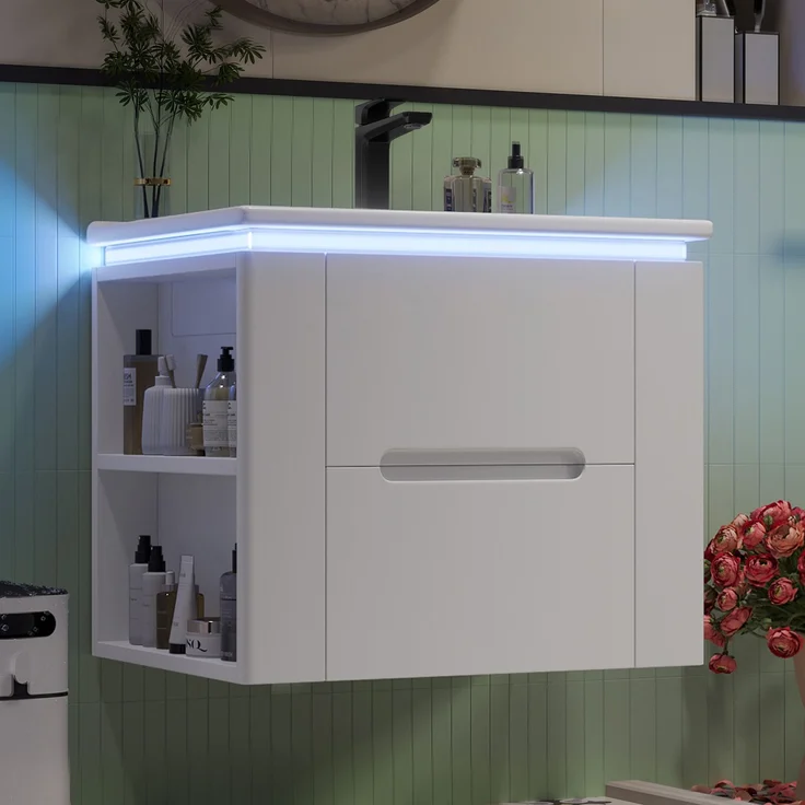 Flieks Waschtisch 61×46×48.5 cm, Wandhängender Badezimmerschrank mit LED, 2 Schubladen, seitliche Ablagen, integriertes Keramikbecken, weiß – Bild 1
