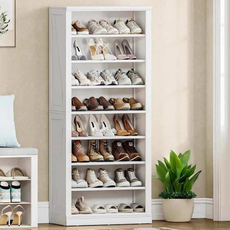 Schuhschrank, Freistehender Schuhkommode mit 21-24 Paar, Verstellbare Regalböden, Schuhkipper für Eingang, Wohnzimmer, Schlafzimmer, 62,5 x 30,5 x 145,5 cm, Weiß