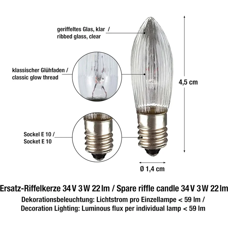 hellum Ersatz-Kerzen für Schwibbogen, 25 Stück 34V 3W Riffelkerze für Weihnachtsbaum Kerzen Lichterketten innen mit 7 Brennstellen, Birnen für Lichterbogen E10/ 34V/ 3W/ 22 Lumen 919110 – Bild 3