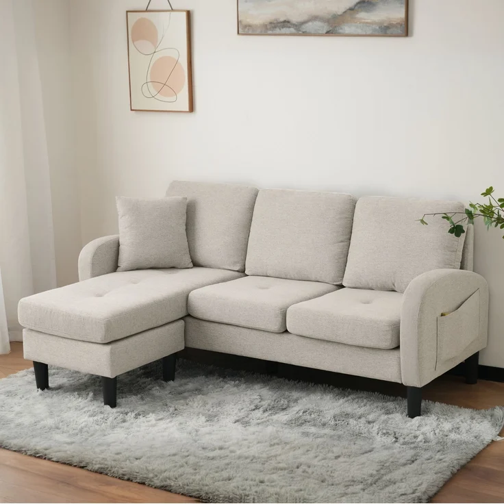 DESVIAE Sofa 3-Sitzer mit flexibler Chaiselongue 166x77x118 cm Baumwoll-Leinen-Bezug Beige Grau/Weiß – Bild 6