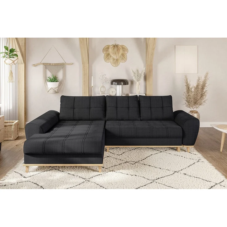 Ecksofa Scandi-Stil Schlafcouch Stauraum Ottomane LI Bouclé Chenille Anthrazit – Bild 2