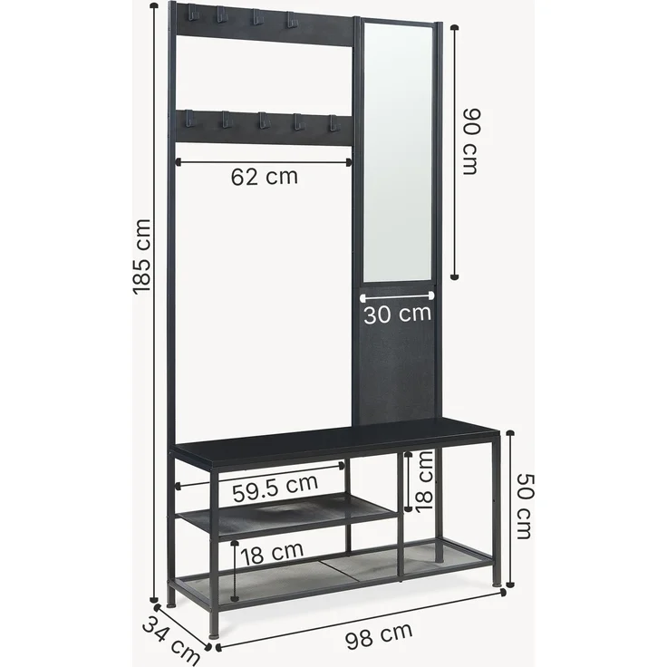 Garderobenständer Napinerg mit Spiegel und Schuhregal 185x98x34 cm Schwarz [en. casa] – Bild 5