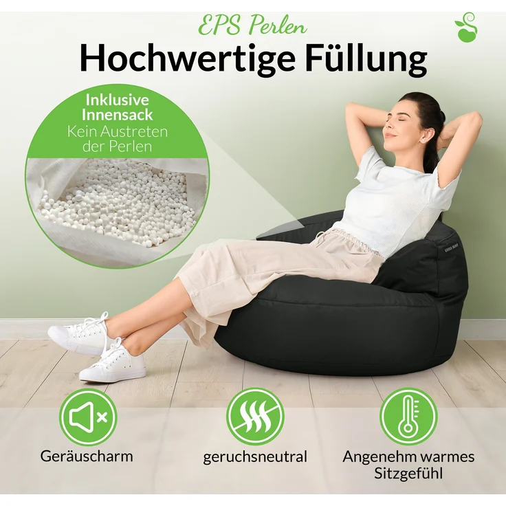 Green Bean® Sitzsack Sofa mit Füllmaterial - Lounge im Sitzsack-Design 90x50cm mit ergonomischer Rückenlehne & waschbarem Bezug - Indoor und Outdoor geeignet in Schwarz – Bild 4