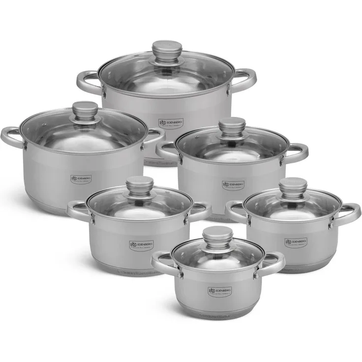 Edenberg Topf-Set Edelstahl Kochtöpfe mit Glasdeckel, Kochtopfset, Topfset, Töpfe, Aluminium, Edelstahl, Glas (7,5L/6,6L/5,1L/4,0L/3,0L/2,1L, 12-tlg, Zeitloses Design des Topfsets. Eine ideale Geschenkidee)