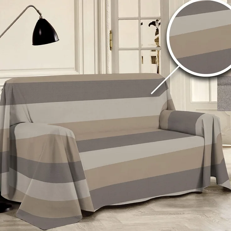 ‎PENSIERI DELICATI Sofabezug 180x290 cm Made in Italy, Garn gefärbtes Abdeckung aus 100% Reiner recycelter Baumwolle, Beige Band, Ideal als Möbel Tuch, Sofa Überzug, Picknickdecke