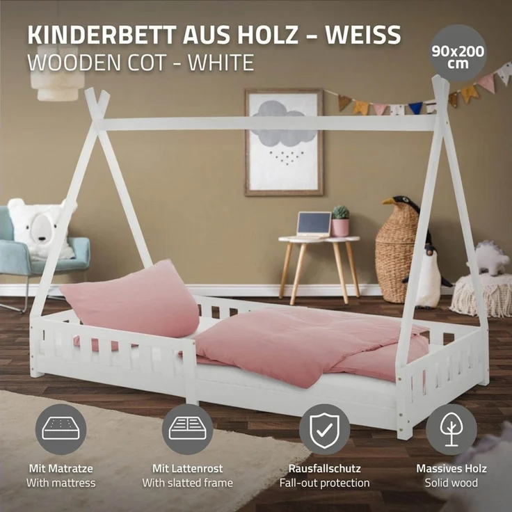 ML-DESIGN Spielbett Hausbett Tipi Zeltbett inkl. Lattenrost Bodenbett Kinder Himmelbett, Abenteuerbett mit Rausfallschutz Zelt Bett Kiefer Weiß Kinderhaus – Bild 2