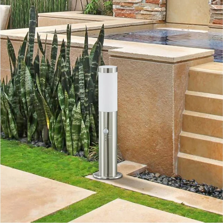 Lindby Außen-Stehlampe Statius, Edelstahl Chrom IP44mit Bewegungsmelder, 1x15 W LED – Bild 2