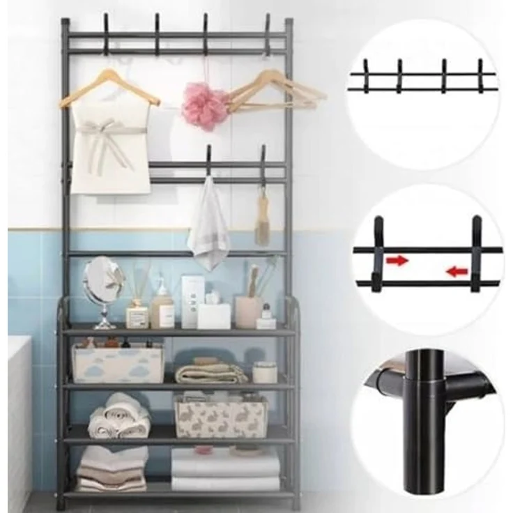 QLS Garderobenständer, mit Schuhregal 8 Haken 4 Ebenen Freistehend Stahl Schwarz – Bild 2