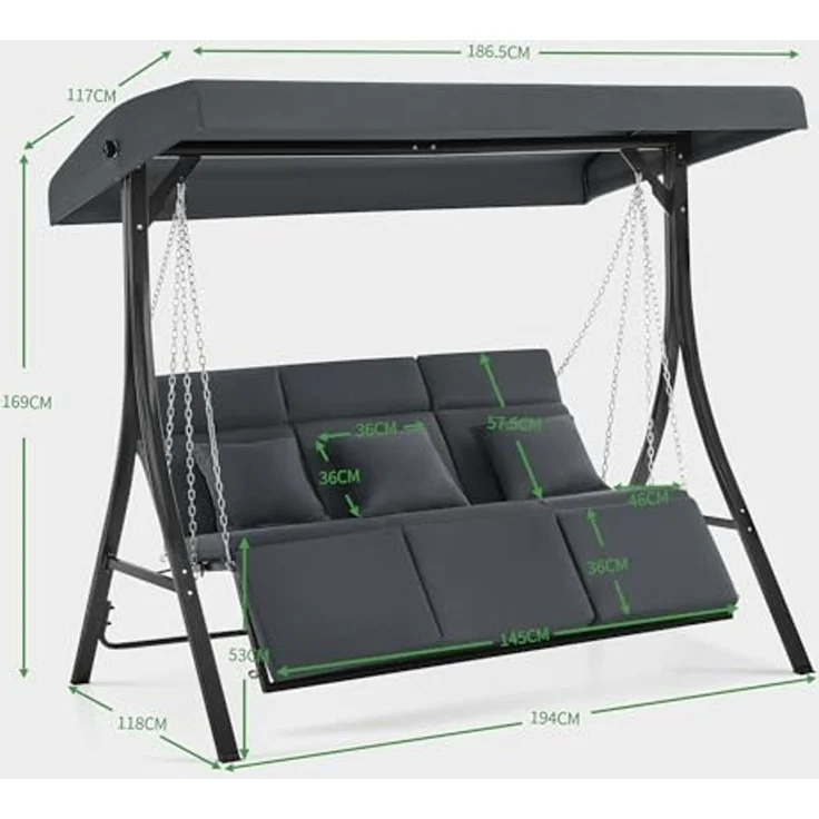 M MCombo Hollywoodschaukel mit Liegefunktion, Gartenschaukel 3 Sitzer Wetterfest, Outdoor Schaukelbank mit Metallketten, Verstellbarem Dach, 123*194*169 cm, 8018 (Dunkgelgrau) – Bild 4