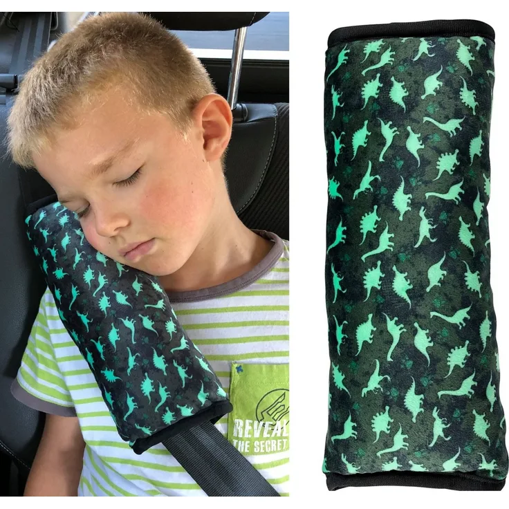 HECKBO Schlafkissen Auto Schlafkissen Dinosaurier Dino für Kinder Mädchen Jungen - maschinenwaschbar – kuschelweich - Auto Gurtkissen, Gurtschoner, Gurtschutz Sitzerhöhung, Auto Kissen, Reisekissen, Urlaub