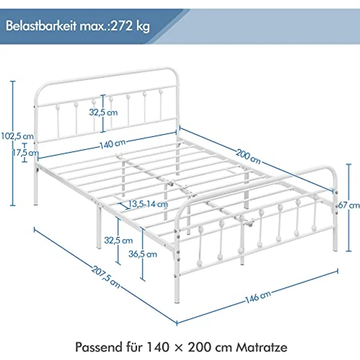 Yaheetech Bettrahmen Vintage Stil 140x200 cm Metallbett Bettgestell aus Metall mit Lattenrost, Modern Gästebett Jugendbett, Weiß – Bild 3