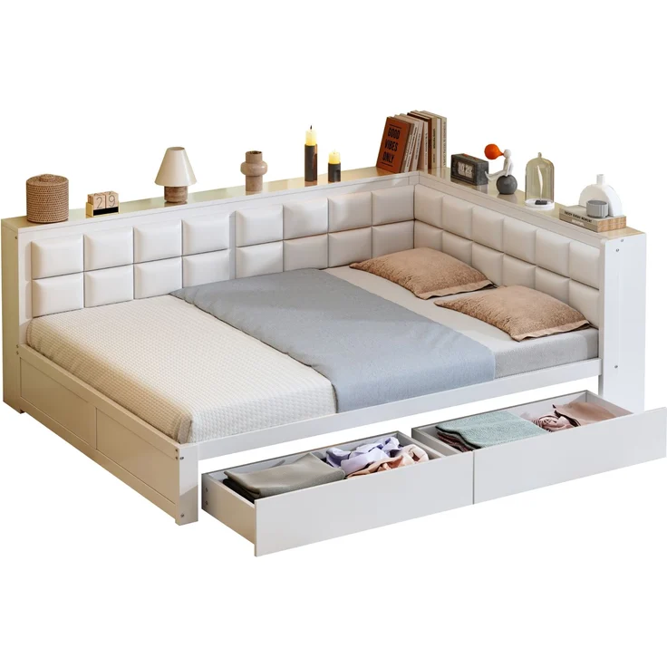 Sofa-Holzbett, 140 x 200, multifunktionales Bett mit weicher Rückenlehne, großer Stauraumschublade, Einzelbett, Jugendbett, Holzbett aus Kiefernholz, Holz, Weiß, 140 x 200 cm – Bild 5
