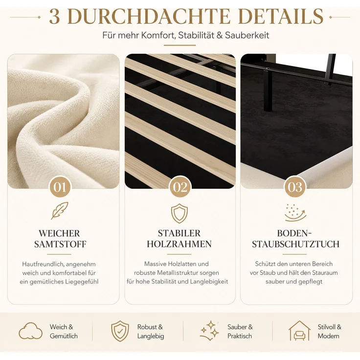 TavilaEcon Boxspringbett Samtbett, Polsterbett mit LED-Beleuchtung & USB-Ladefunktion beige Liegefläche 140 × 200 cm – Bild 7