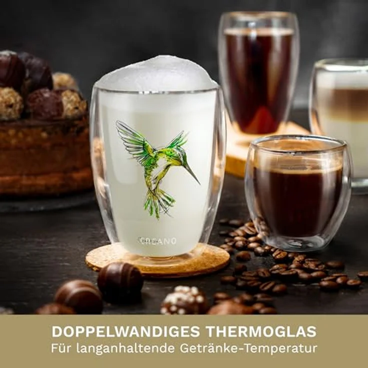Creano Teeglas Tee-Glas, Latte Machiato, Thermobecher Kolibri Grün, 250ml, Borosilikatglas, 1x bedrucktes Glas – Bild 3