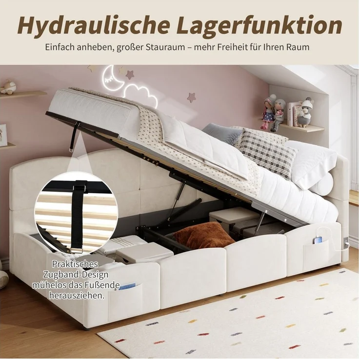 STILVORA Polsterbett 90x200 mit Bettkasten,Jugendbett Bettgestell mit USB&Stautasche (Einzelbett, Stauraumbett, Schlafsofa, 1-tlg, 90x200 cm, ohne Matratze), Jugendbett – Bild 3