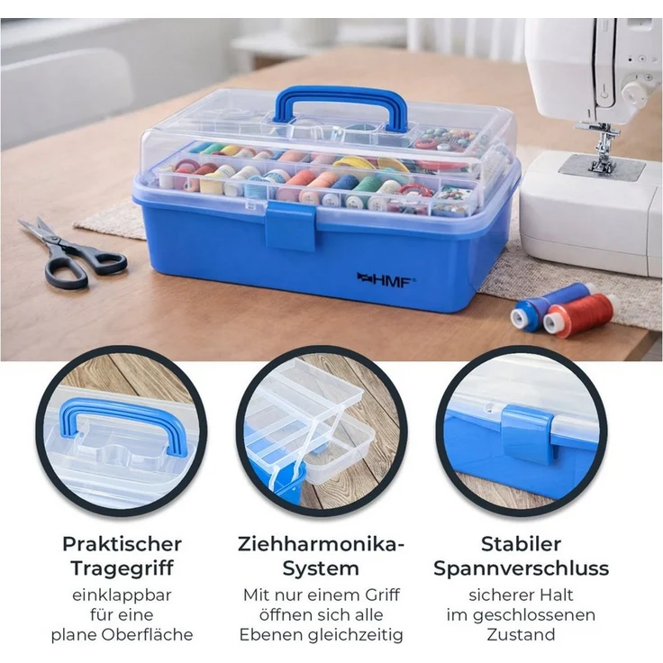 HMF Aufbewahrungsbox Nähkasten aufklappbar mit 3 Ebenen, Sortierbox mit 8 Fächern für, Kleinteile, 36,5 x 20,5 x 16 cm, Blau – Bild 2