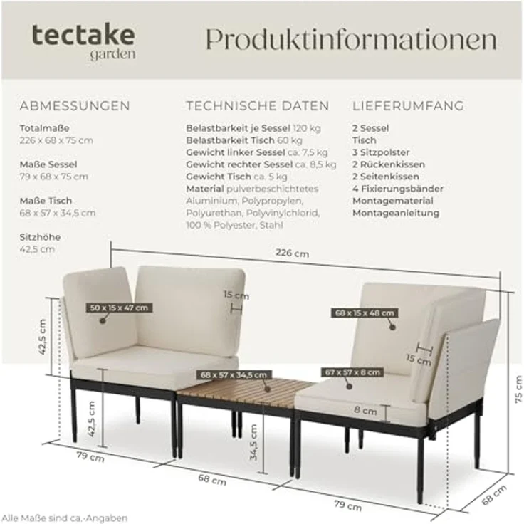 tectake Gartenlounge-Set Aluminium Gartenlounge-Set, (Set, 3-tlg), Kompakter Couchtisch mit Lamellen in natürlichem Holzlook – Bild 6