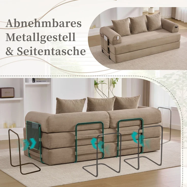 LVHOM Schlafsofa 3 Sitzer, Klappsofa mit Schlaffunktion, Bodensofa, Polstersofa aus CordStoff, Schlafcouch dauerschläfer, frei Kombination, 200x94x67 cm, Khaki – Bild 7