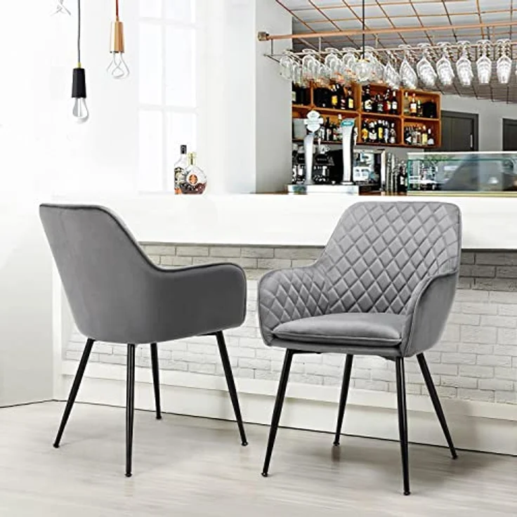 Yaheetech Esszimmerstühle 2er Set Küchenstühle, Polsterstühle mit Armlehnen Metallbeine, Seesel aus Samtstoff für Arbeitszimmer/Wohnzimmer, Hellgrau – Bild 6