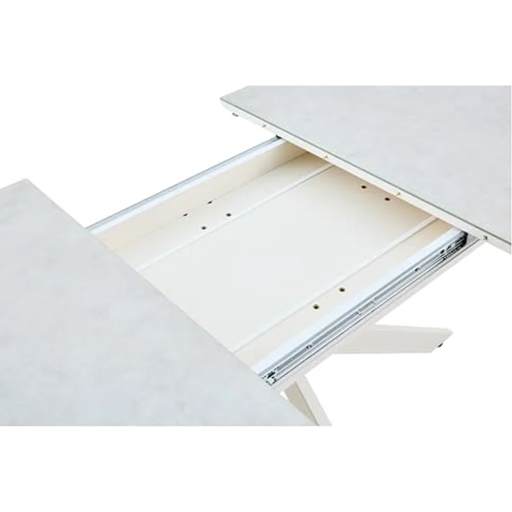 Hela Tische, Auszugstisch Esstisch Fenja, Glasauflage Keramikoptik beige, Schweizer Kante,Stern-Metall-Gestell Cremé mit Arretierung, Maß 140-180x90cm – Bild 8