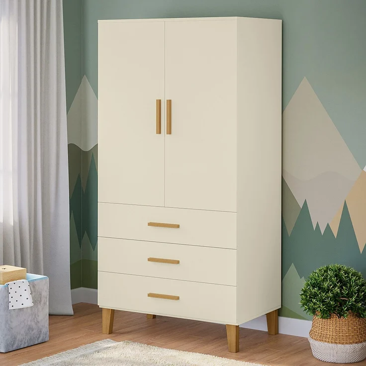 Bellabino 'Liri' Kinderkleiderschrank, beige, Kleiderschrank für Kinderzimmer mit 3 Schubladen und Kleiderstange – Bild 1