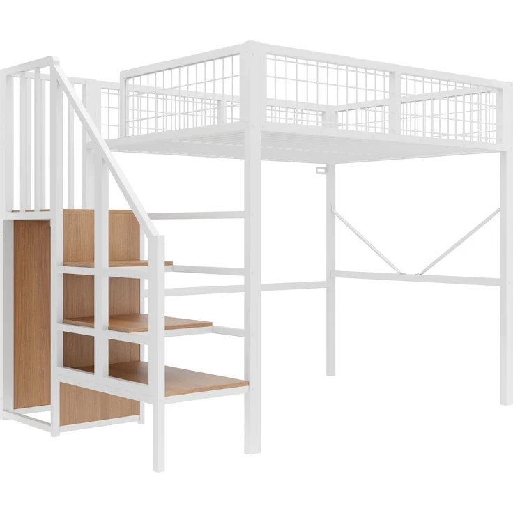 EINHOM Metall-Hochbett 140 x 200 cm, Bettgestell Inklusive Leiter und Stauraum, LED-Beleuchtung, Sicherheitsgeländer aus Metallgitter, Weiß (Ohne Matratze) – Bild 7
