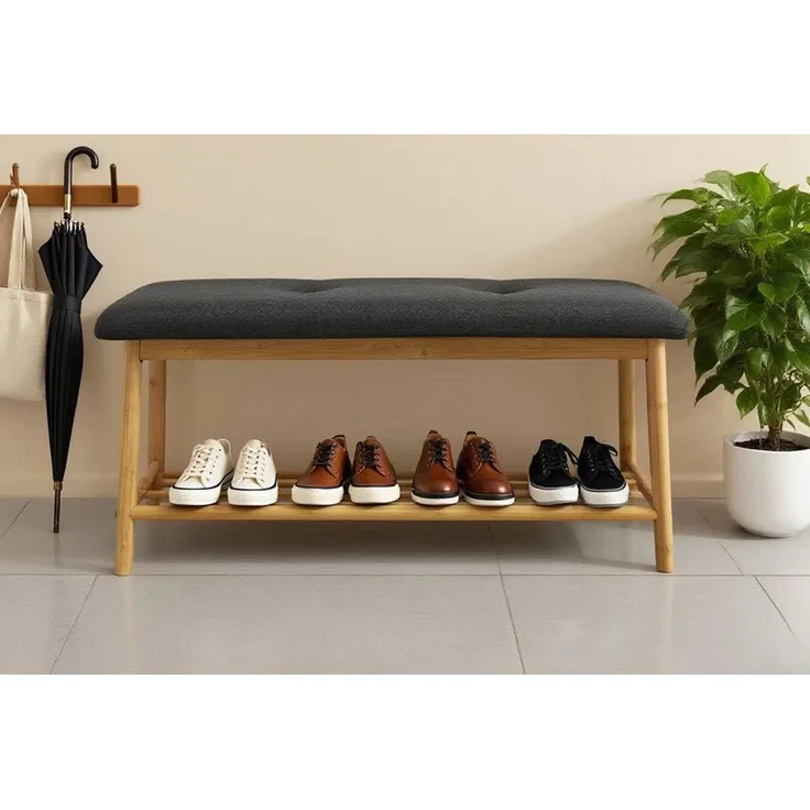 riess-ambiente Schuhbank ZEN-BO 80cm natur/grau - Bambus, FSC, Regal, Sitzbank, viel Stauraum (Einzelartikel, 1-St), Gepolsterte Garderobenbank aus Massivholz - ideal für Eingangsbereich