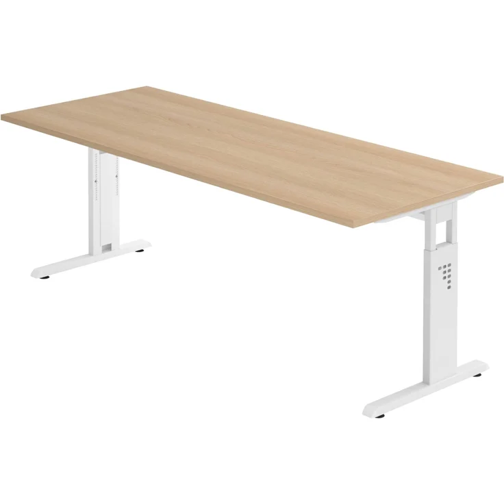 bümö höhenverstellbarer Schreibtisch O-Serie 200x80 cm in Eiche, Gestell in weiß - großer PC Tisch für's Büro manuell höhenverstellbar, Computertisch verstellbar, OS-20-E-W – Bild 1