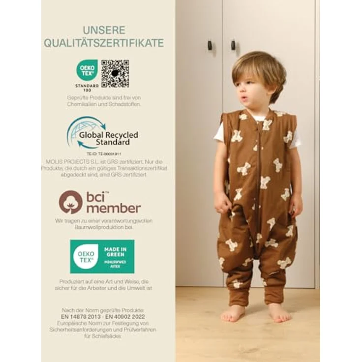 molis&co - Baby Schlafsack mit Füßen, abnehmbare Ärmel und Socken - Babyschlafsack 1 tog - Leicht gepolstert - 100% Baumwolle (Oeko-TEX 100), Premium Qualität - Teddy Mocca (80 cm) – Bild 8