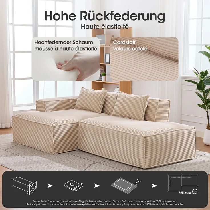 LVHOM Ecksofa 2 Sitzer, Modulares Sofa 235 cm breit, L-Form Sofa mit 2 Kissen, Schlafsofa aus Cordstoff, kein Aufbau erforderlich, Khaki – Bild 4