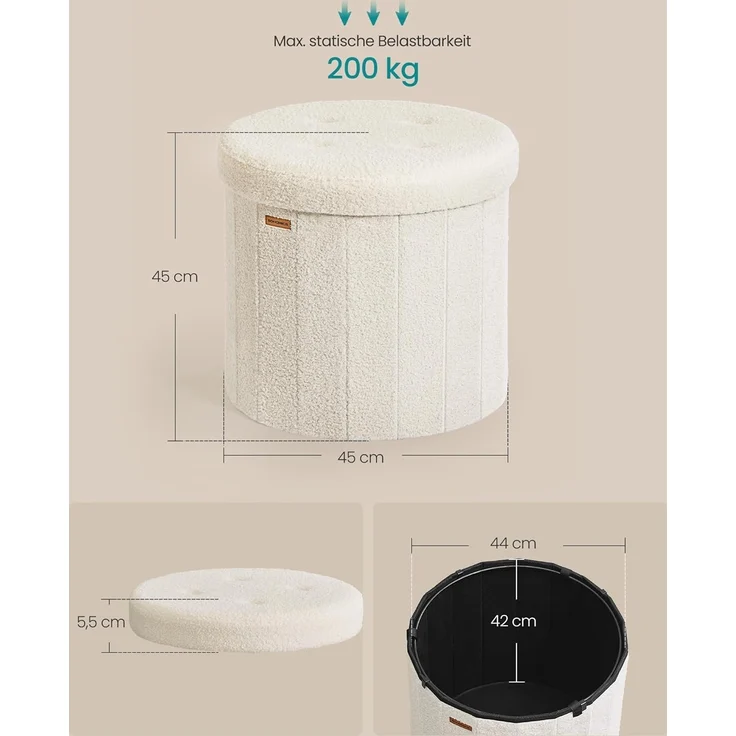 SONGMICS MAZIE Kollektion – Sitzhocker rund, Fußhocker mit Stauraum, faltbarer Hocker mit abnehmbarem Deckel, einfache Montage, Fleece, Wohnheim, Schlafzimmer, Wohnzimmer, cremeweiß – Bild 5