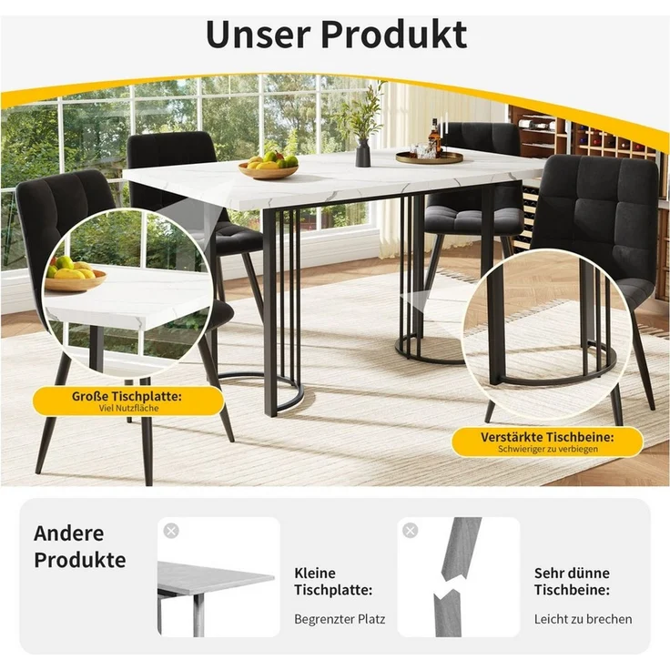 OKWISH Esstisch Essgruppe,Esstisch mit Stühlen Set, Moderner Küchentisch Set (Essgruppe 9-teilig Ausziehbar für 8 Personen Samt Esszimmerstühle, MDF Esstisch mit Metallgestell & Ergonomischem Design, 9-St) – Bild 2