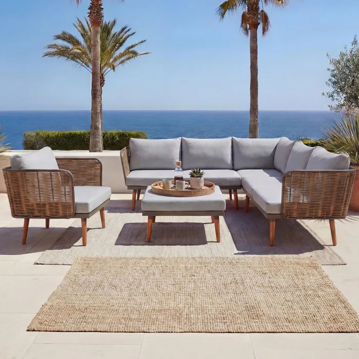 Gartengarnitur HWC-L31, Garnitur Lounge-Set Sofa Outdoor, Spun Poly Metall Poly-Rattan MVG-zertifiziert ~ hellgrau