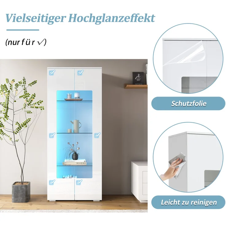 DESVIAE Vitrine mit LED-Beleuchtung, 2 Acryltüren, 70x173x40 cm, MDF Weiß – Bild 6