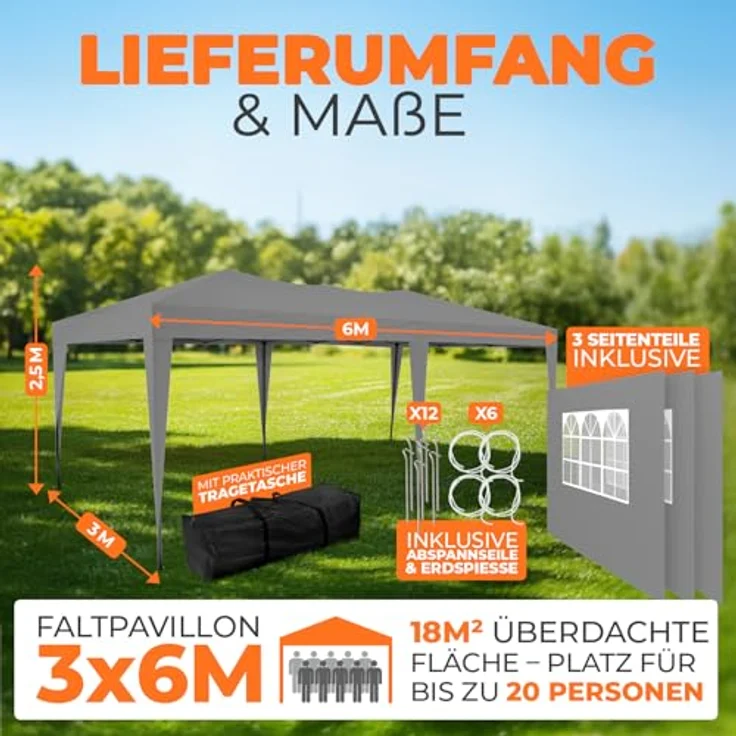 Kronenburg Faltpavillon wasserdicht Pavillon mit 3 Seitenteilen, Gartenzelt, 3x6 m - mit UV Schutz 50+, Grau – Bild 3
