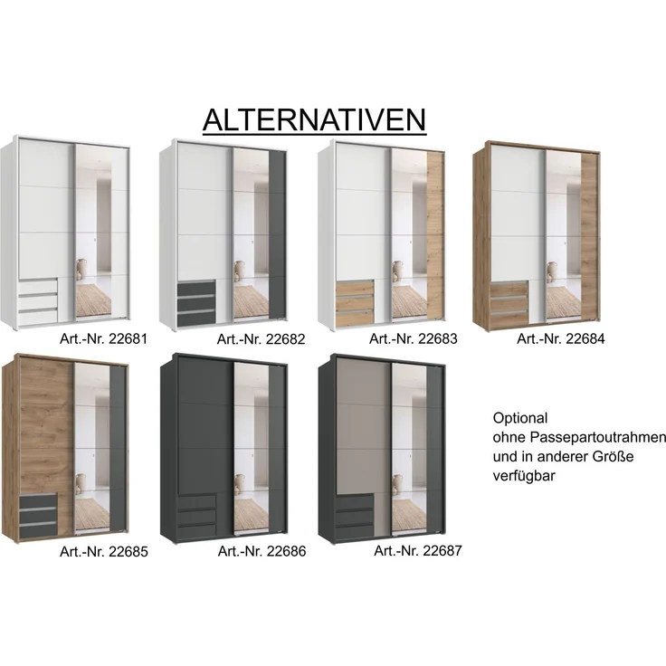 Schwebetürenschrank 2tg Kleiderschrank 138cm Weiß Schublade Spiegel Passepartout – Bild 9