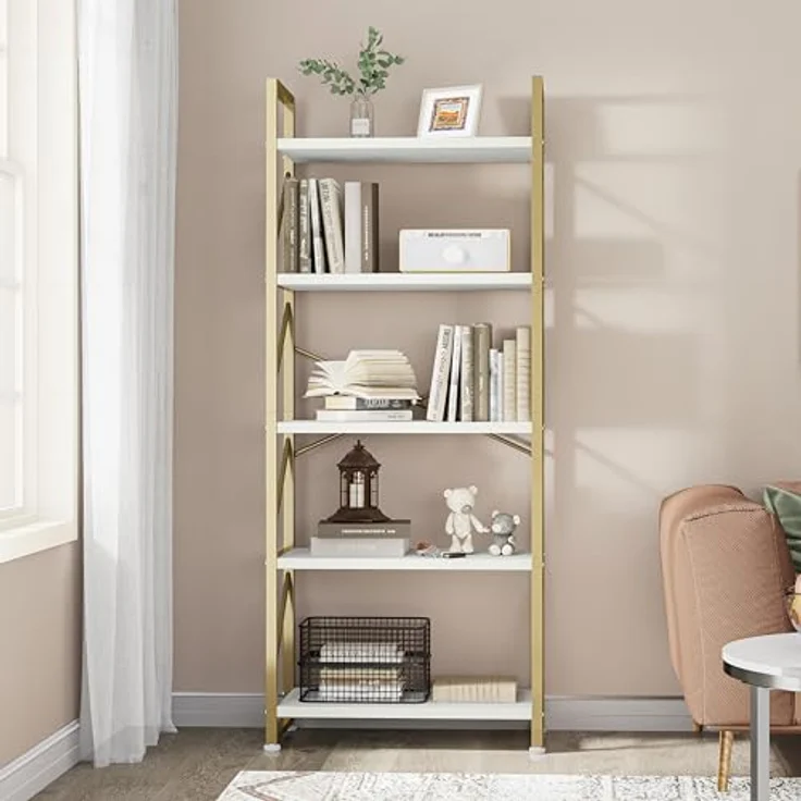 YITAHOME Bücherregal, Standregal mit 5 Ebenen, Hohes Lagerregal mit Metallrahmen, Industrielles Ausstellungsregal, Regaleinheiten, für Wohnzimmer, Schlafzimmer, Homeoffice, Küche, Gold Regal – Bild 7