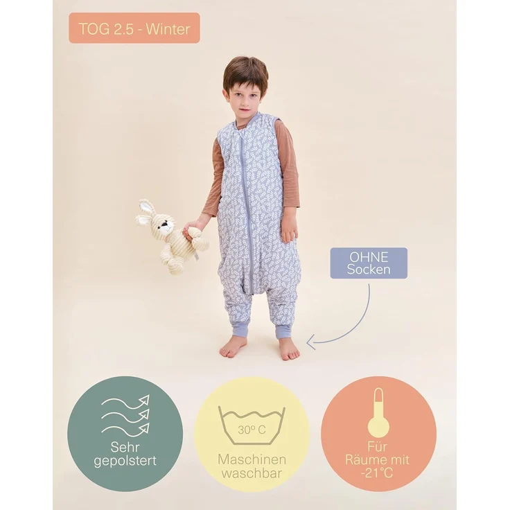 molis&co - Baby Schlafsack mit Füßen - Ideal für den Winter - Babyschlafsack mit Beinen 2,5 tog - 100% Baumwolle (Oeko-TEX 100), Premium Qualität - Blue Garden (90 cm) – Bild 4