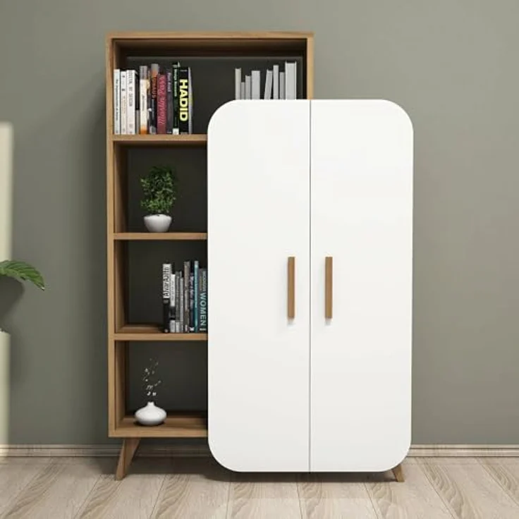 Dmora - Kommode Capella, Wohnzimmerbuffet, Wohnzimmer-Sideboard, Moderne Küchen-Speisekammer, 90x32h132 cm, Walnuss und Weiß – Bild 8