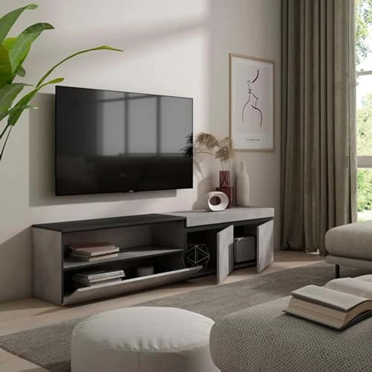 Skraut Home | TV-Schrank, Lowboard | für Wohnzimmer und Esszimmer | 200x45x35cm | Für TV-Geräte bis zu 80" | Fernsehtisch | Moderner Stil | Zement – Bild 4