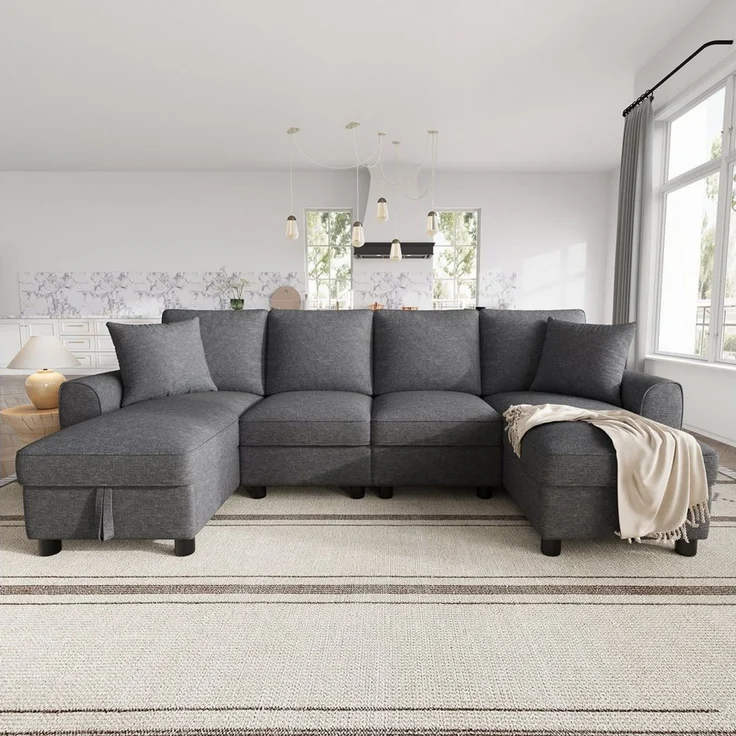 Celya Ecksofa Schlafsofa U-Form mit zwei Chaiselongues, mit zwei Kissen, mit aufklappbarem Stauraum, multifunktionales modulares Sofa – Bild 4